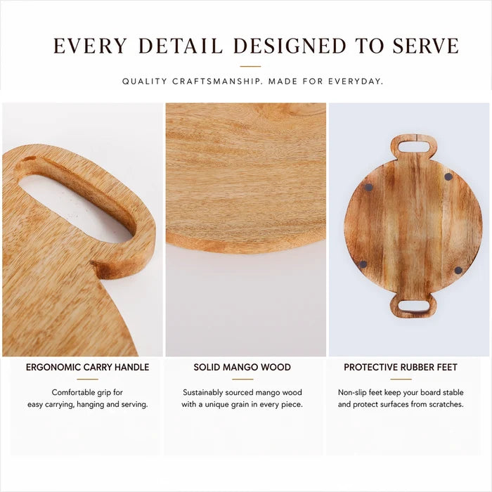 Chopping Board Round Paddle with Dual Handles – Mango Wood, in 16x12"