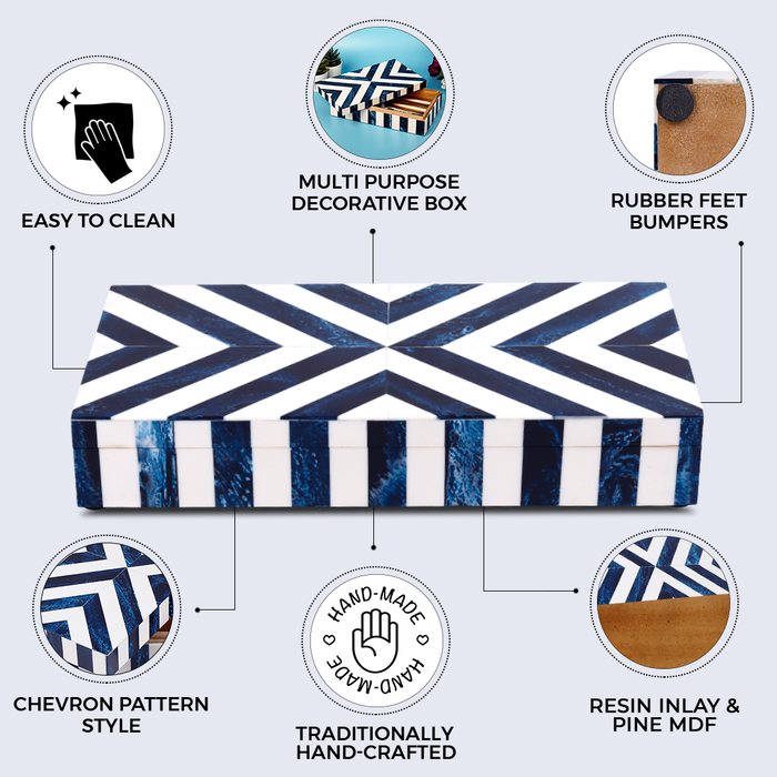 Handmade Decorative Box Chevron Pattern Resin Inlay blue white available in 6 sizes, for jewelry and keepsake storage