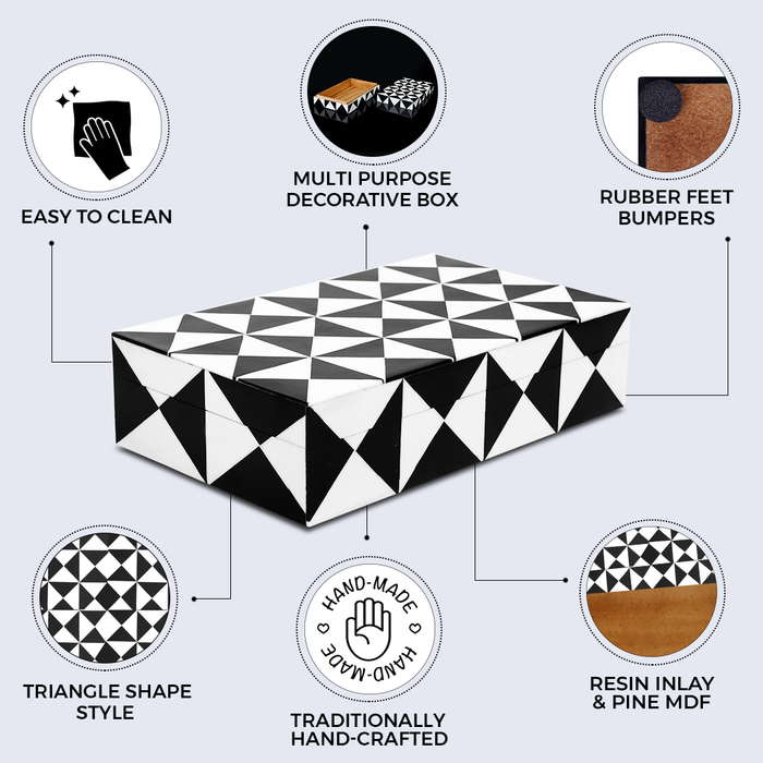 Handmade Decorative Box Triangle Pattern Black White Resin Inlay, 7 sizes, for jewelry and keepsake storage