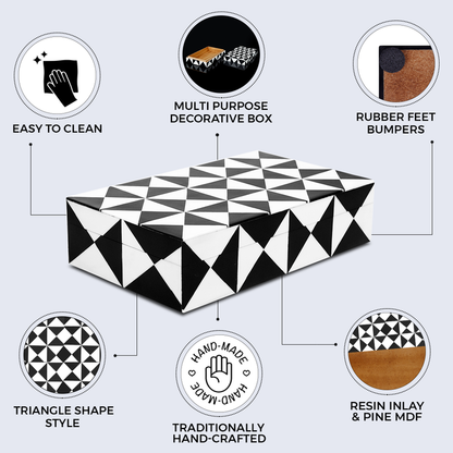 Handmade Decorative Box Triangle Pattern Black White Resin Inlay, 7 sizes, for jewelry and keepsake storage