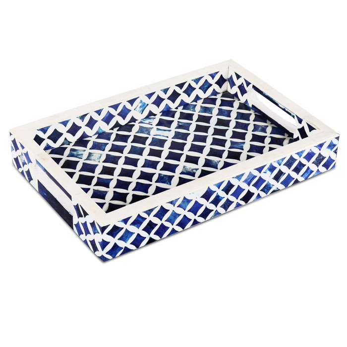 Handmade Decorative Tray Indigo Collection Bone & Resin Inlay, Blue & White, 12"x 8"