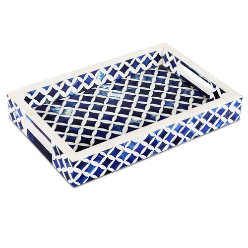 Handmade Decorative Tray Indigo Collection Bone & Resin Inlay, Blue & White, 12"x 8"