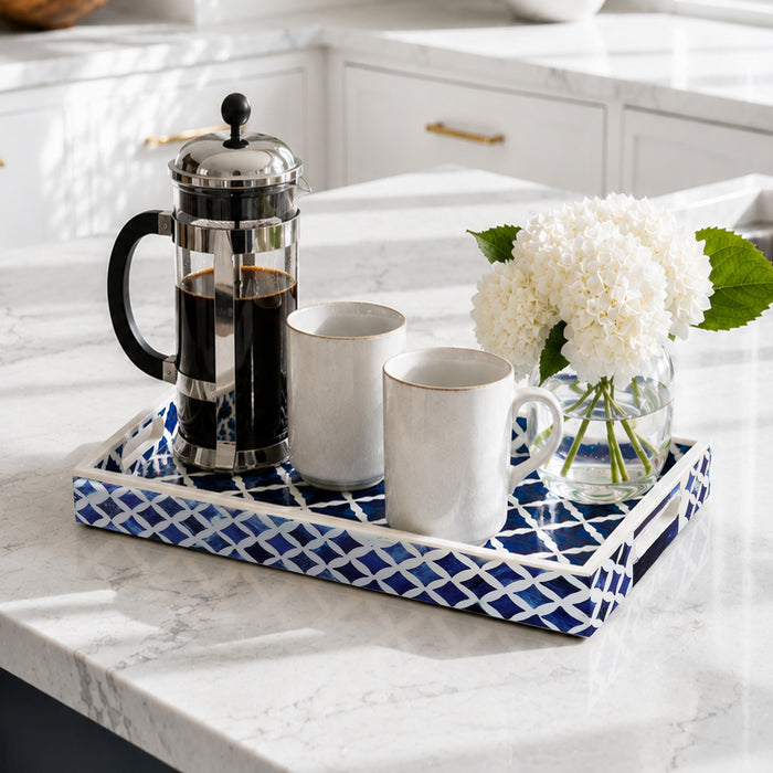 Decorative Tray Indigo Collection Bone & Resin Inlay, Blue & White, 12"x 8"