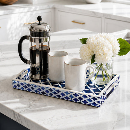 Decorative Tray Indigo Collection Bone & Resin Inlay, Blue & White, 12"x 8"