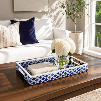 Decorative Tray Indigo Collection Bone & Resin Inlay, Blue & White, 12"x 8"