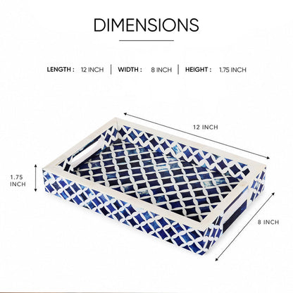 Decorative Tray Indigo Collection Bone & Resin Inlay, Blue & White, 12"x 8"