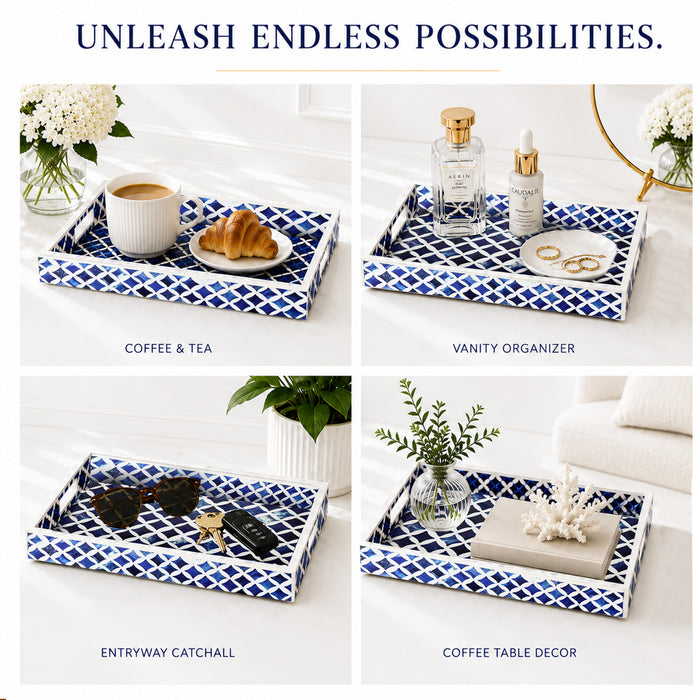 Decorative Tray Indigo Collection Bone & Resin Inlay, Blue & White, 12"x 8"