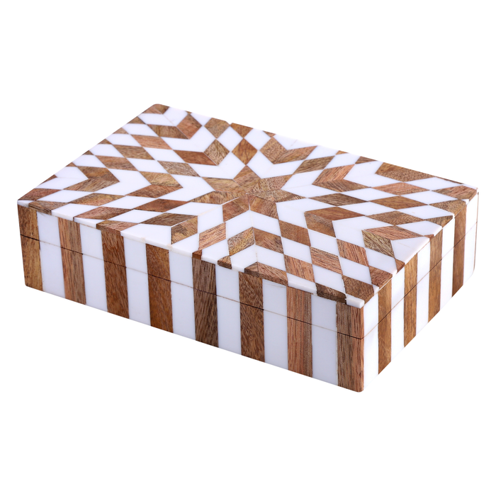 Handmade Estrella Trance Brown White Resin & Wood Inlay Storage Box, 8"x5"x2"