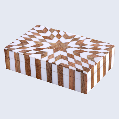 Estrella Trance Brown White Resin & Wood Inlay Storage Box, 8"x5"x2"