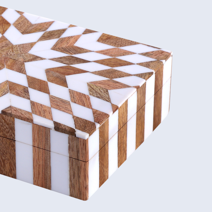 Estrella Trance Brown White Resin & Wood Inlay Storage Box, 8"x5"x2"