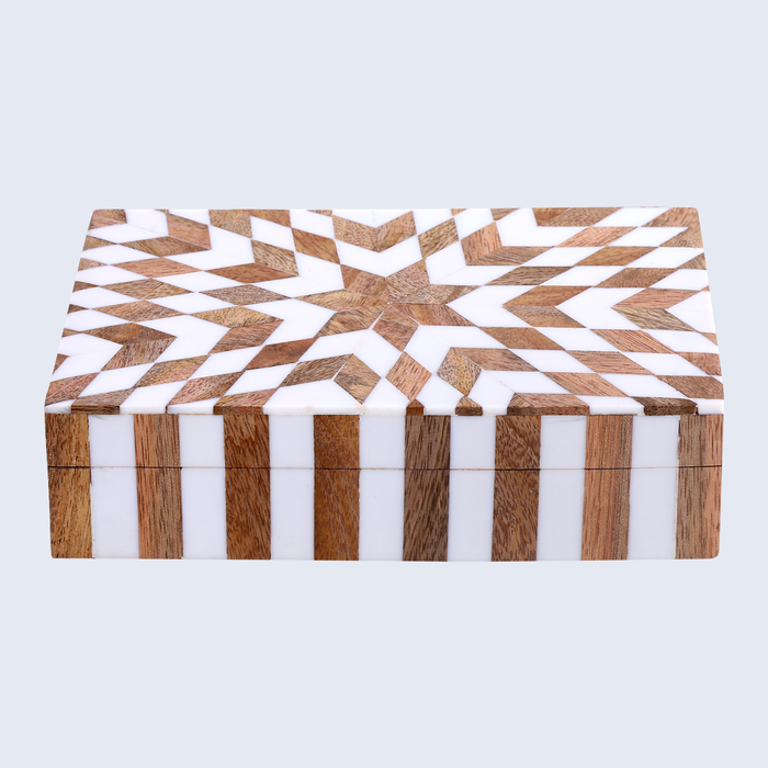Estrella Trance Brown White Resin & Wood Inlay Storage Box, 8"x5"x2"