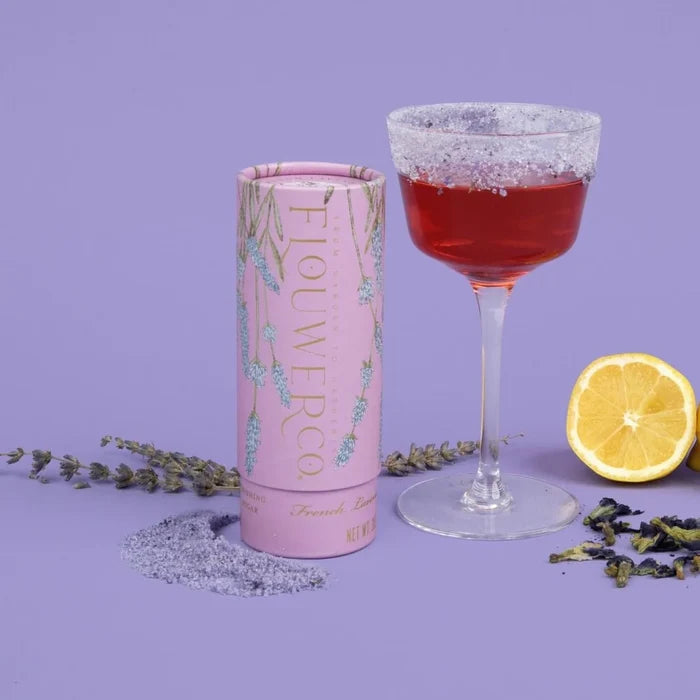 Flouwer Co | Finishing Sugar - French Lavender | A cocktail and acompanying ingredients along side the Flouwer Co finishing sugar.