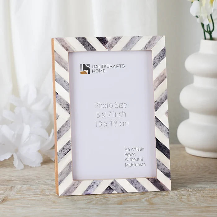 Handmade Grey White Chevron Bone Inlay Picture Frame 4x6 5x7 8x10, for tabletop or wall display
