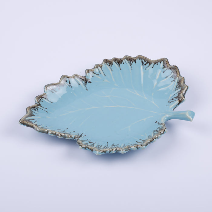 Handmade Decorative Ceramic Platter For Serving & Decor -BLUE-LEAF