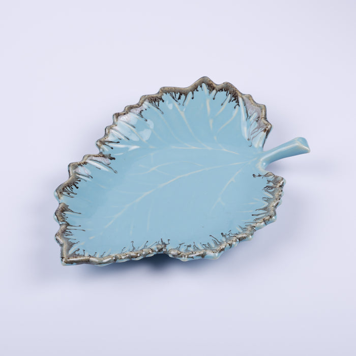 Handmade Decorative Ceramic Platter For Serving & Decor -BLUE-LEAF