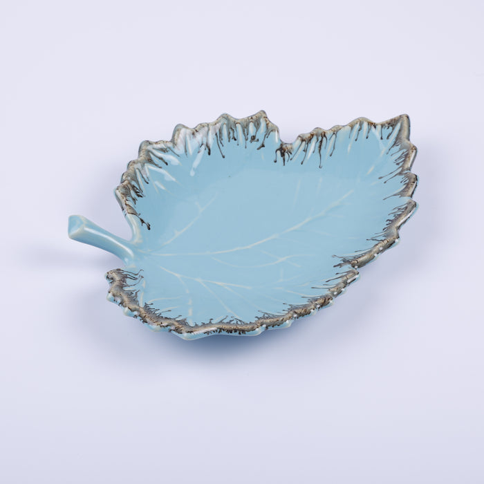 Handmade Decorative Ceramic Platter For Serving & Decor -BLUE-LEAF