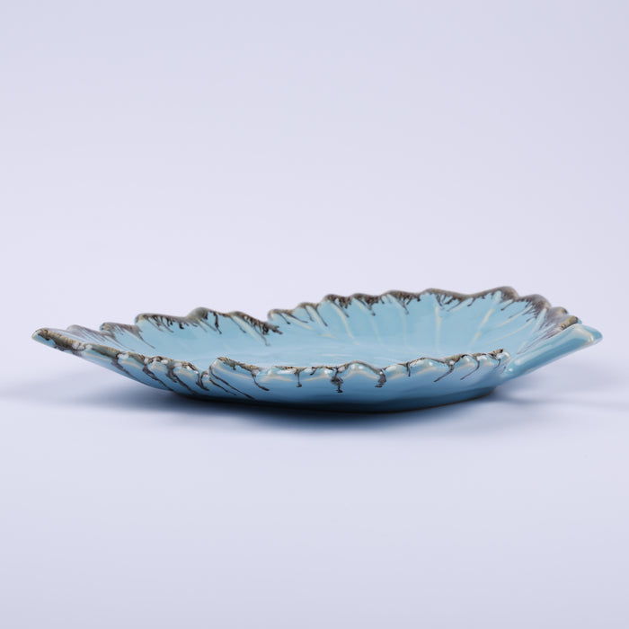 Handmade Decorative Ceramic Platter For Serving & Decor -BLUE-LEAF