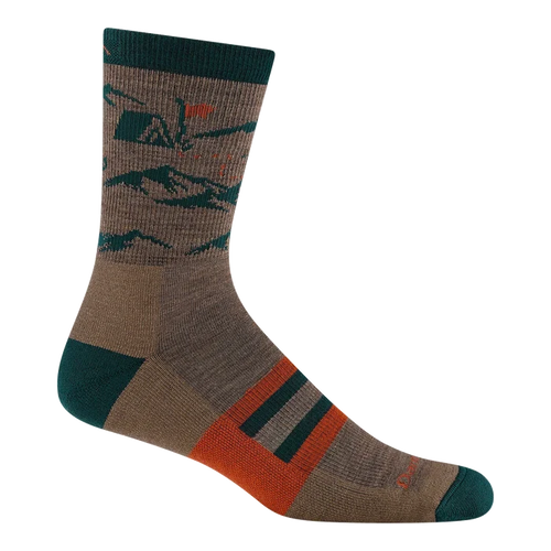 A single crew sock with a brown and dark green mountain pattern, featuring orange and dark green accents on the heel, toe, and sole.