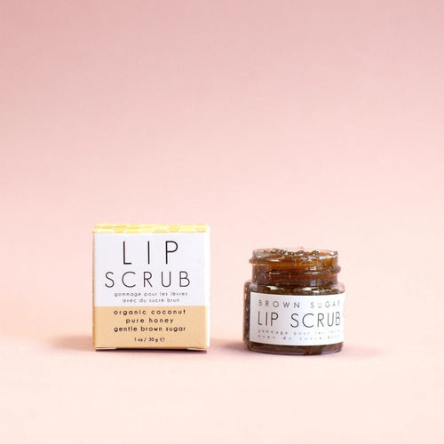 Brown Sugar Lip Scrub | Honey Belle | A small yellow/white box next to a 1 oz lip scrub container.