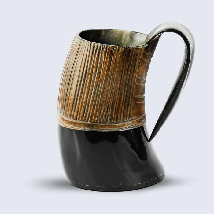 Handmade Horn Mug Striped Pattern Natural Ox Horn Drinking Cup Holds Up to 24-27 oz, for beer, mead and ale
