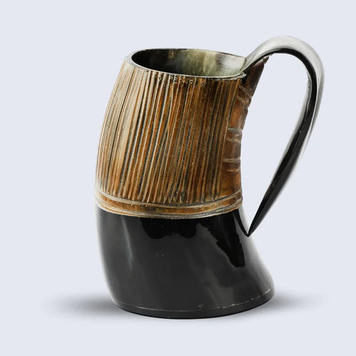 Handmade Horn Mug Striped Pattern Natural Ox Horn Drinking Cup Holds Up to 24-27 oz, for beer, mead and ale