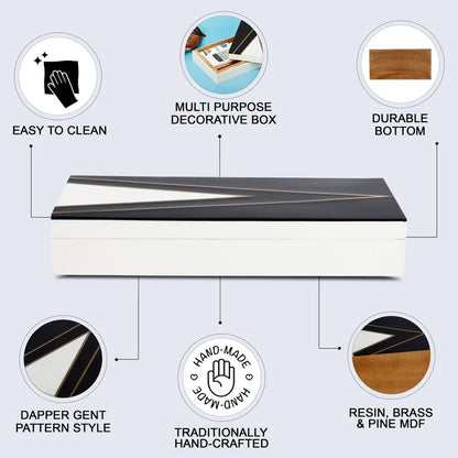 Handmade Kept Dapper Black White Resin Inlay & Brass Storage Box, 7 Sizes