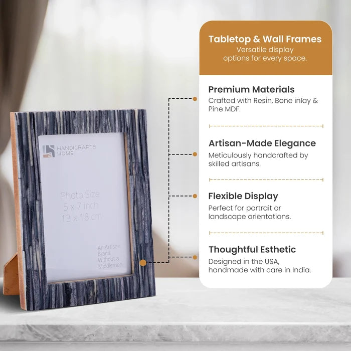 Handmade Koyala Kachcha Picture Frame - Charcoal Bone Inlay - 4x6 5x7 8x10, for tabletop or wall display