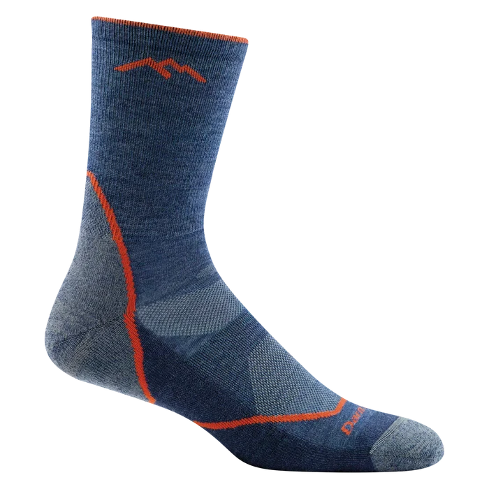 Blue sock with orange accents on a white background