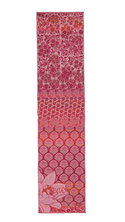 Létol Louise Scarf in Ispahan Pink, laid flat and fully extended against a white background, showing the full length of the scarf with a gradient composition — the top half featuring a dense all-over botanical print with birds and flowers in fuchsia and rose on a light pink ground, transitioning through a geometric ogee lattice band into a lower half with a bold repeating chrysanthemum damask in deep fuchsia and crimson, with a large painterly rose motif at the base