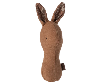 Maileg Lullaby Friends Bunny Rattle in Chocolate on a white background — a soft warm brown linen bunny rattle with upright floral-lined ears and an ergonomic handle shape