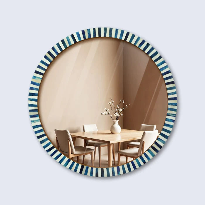 Handmade Make-to-order-round-bone-inlay-wall-hanging-blue-white-mirror-frame-18 in bone inlay