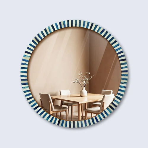 Handmade Make-to-order-round-bone-inlay-wall-hanging-blue-white-mirror-frame-18 in bone inlay