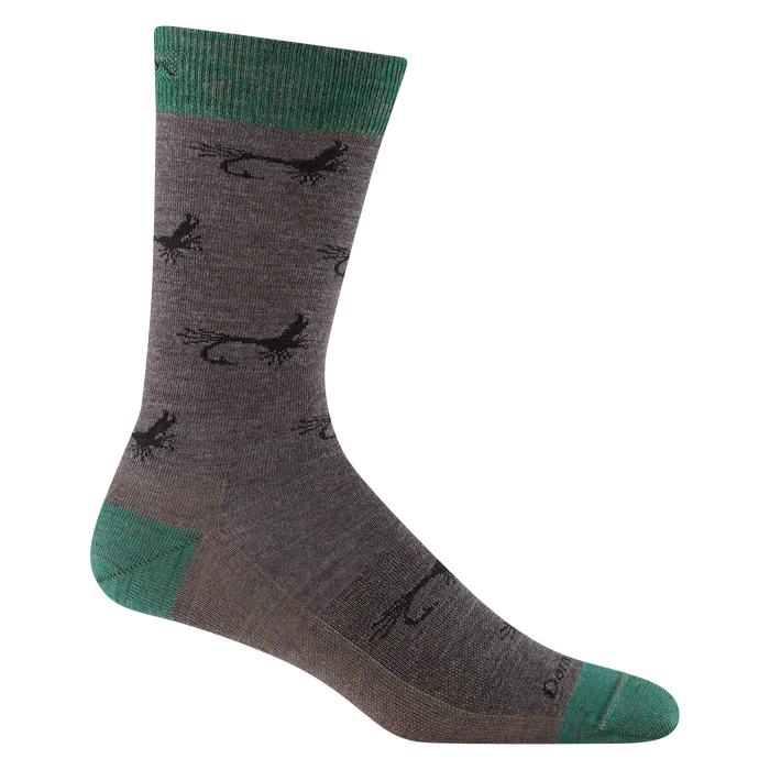 A single crew sock in heather gray with a black lizard pattern and green accents on the cuff, heel, and toe, shown on a plain white background.