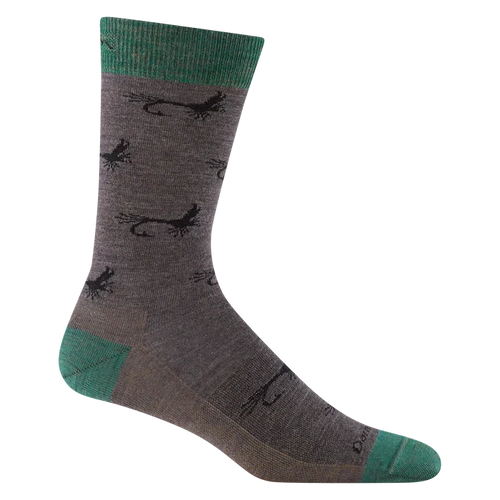 A single crew sock in heather gray with a black lizard pattern and green accents on the cuff, heel, and toe, shown on a plain white background.