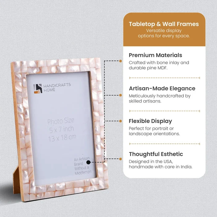 Handmade Picture Frame Mother of Pearl Collection Pink - 3 Sizes, for tabletop or wall display