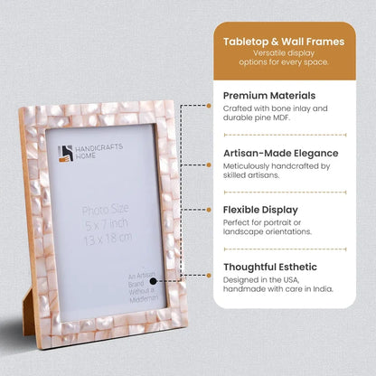 Handmade Picture Frame Mother of Pearl Collection Pink - 3 Sizes, for tabletop or wall display