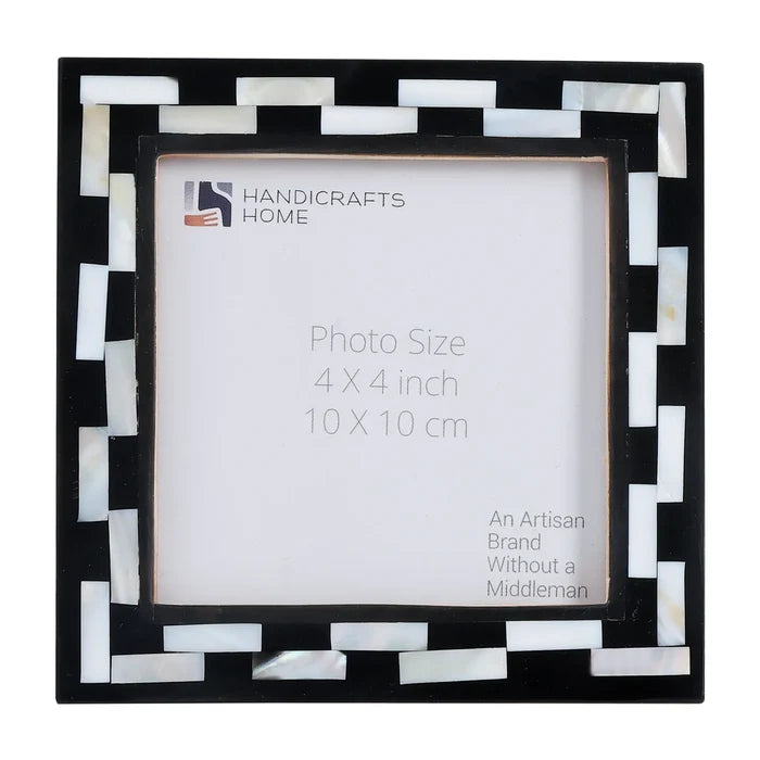 Handmade Pearlescent MOP & Resin Picture Frame - Black 4x4 Square, for tabletop or wall display