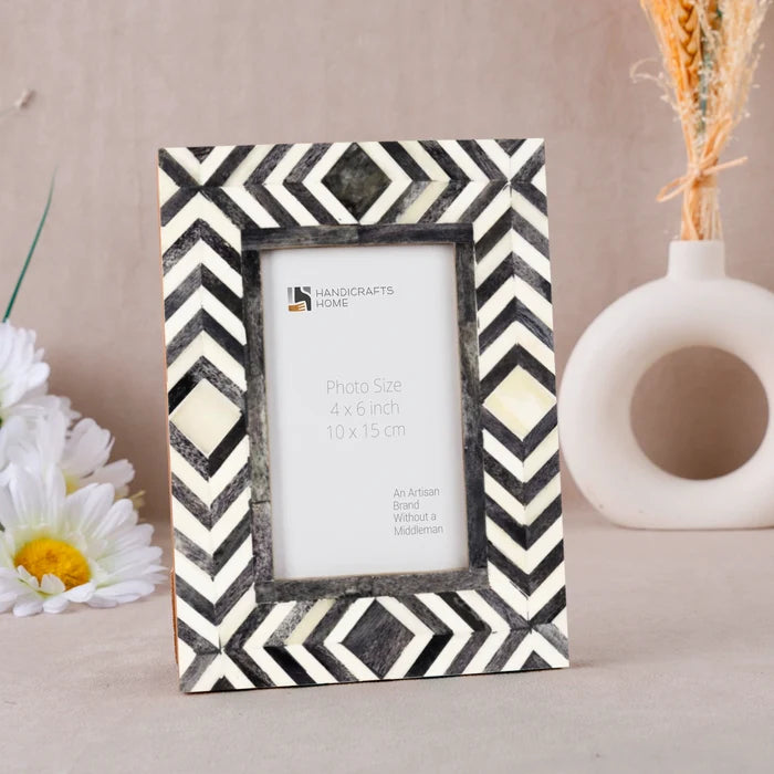 Handmade Photo Frame Mosaic Slate Chevron Collection Bone Inlay Grey White 4x6, for tabletop or wall display