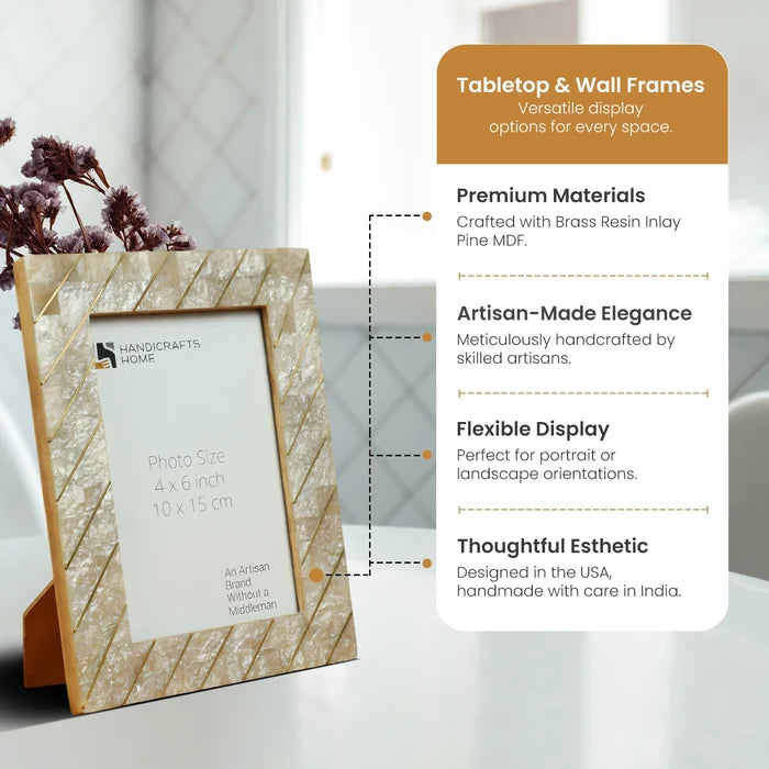 Handmade Picture Frame Brasselin Collection Resin Inlay & Brass Grey – 4x6 & 5x7", for tabletop or wall display