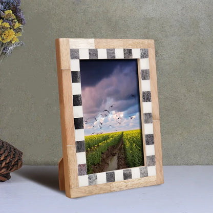 Handmade Picture Frame Checkered Collection Bone Inlay Grey & White – 4x6 & 5x7", for tabletop or wall display