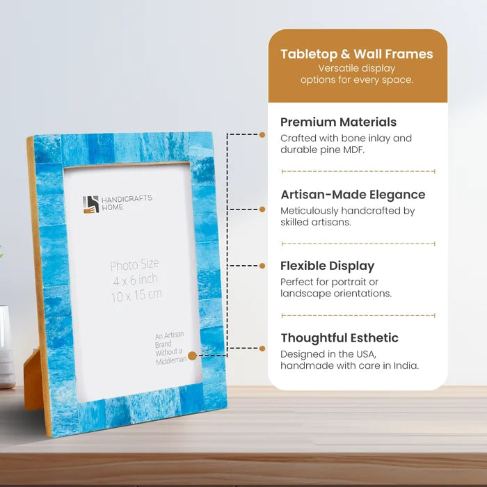 Handmade Picture Frame Classic Collection Bone Inlay Turquoise – 3 Sizes, for tabletop or wall display