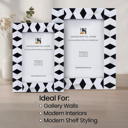 Picture Frame Diamond Mosaic Collection Mother of Pearl & Resin Inlay Black & White – 4x6 & 5x7"