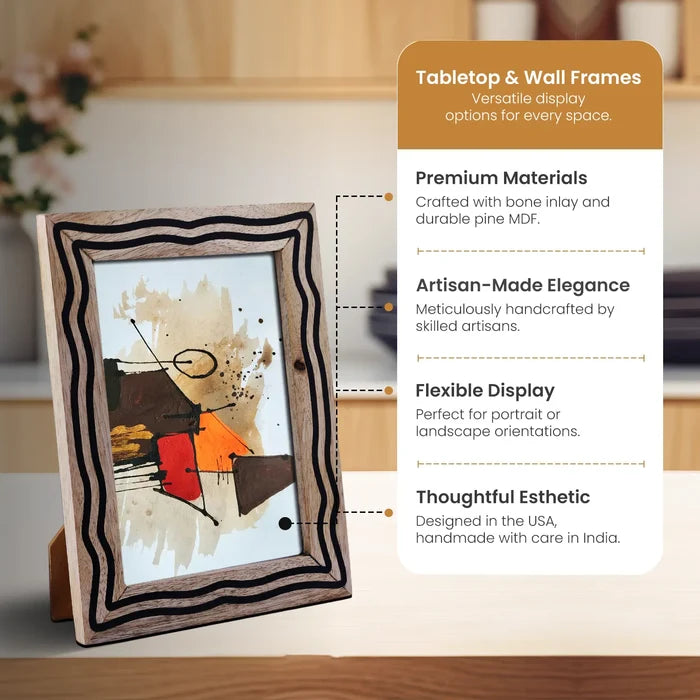 Handmade Picture Frame Flow Edge Collection Wood & Resin Inlay Natural & Black– 4x6 & 5x7", for tabletop or wall display