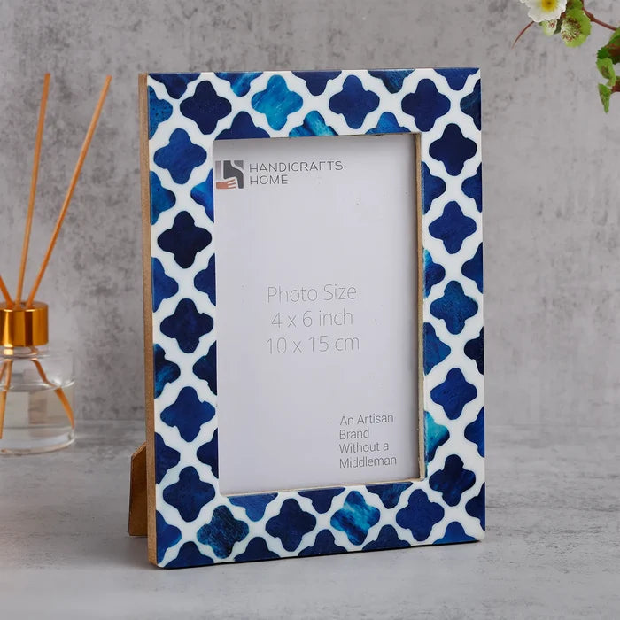 Handmade Picture Frame Indigo Collection Bone & Resin Inlay, Blue - White, 4" x 6", for tabletop or wall display