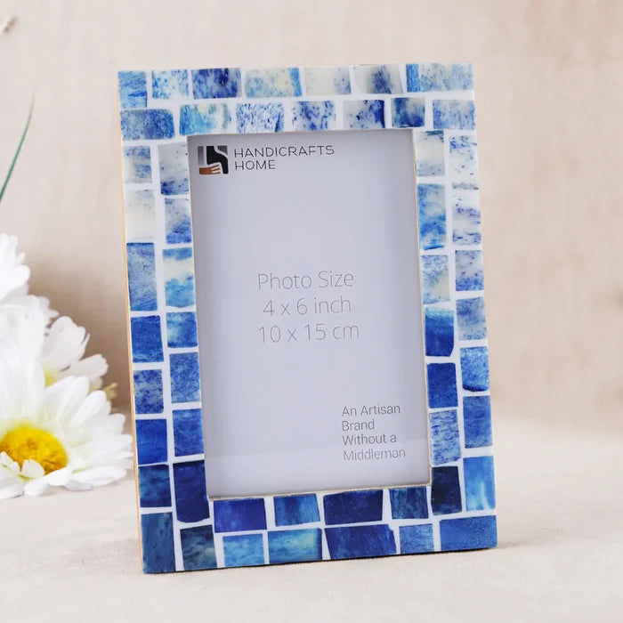 Handmade Picture Frame Indigo Mosaic Collection Bone Inlay - Blue, 4x6 & 5x7, for tabletop or wall display