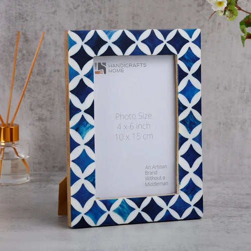 Handmade Picture Frame Indigo Pattern Collection Bone Resin Inlay Blue White 4x6, for tabletop or wall display