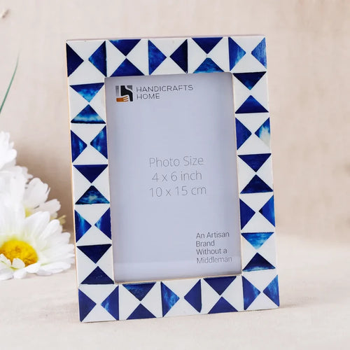 Handmade Picture Frame Indigo Pattern Collection Bone Resin Inlay Blue White 4x6, for tabletop or wall display