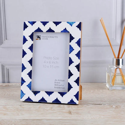 Handmade Picture Frame Indigo Pattern Collection Bone Resin Inlay White Blue 4x6, for tabletop or wall display