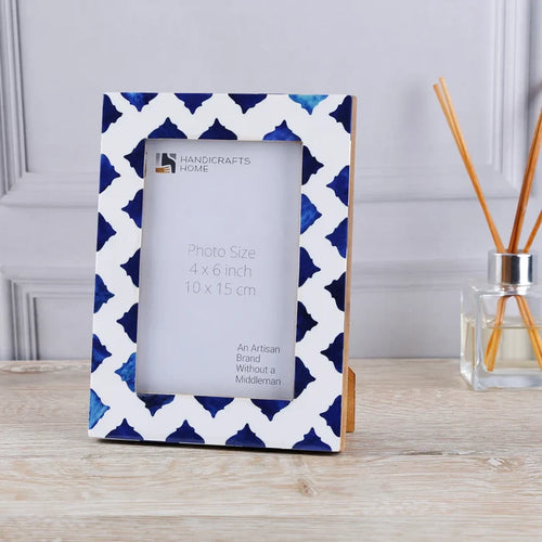 Handmade Picture Frame Indigo Pattern Collection Bone Resin Inlay White Blue 4x6, for tabletop or wall display