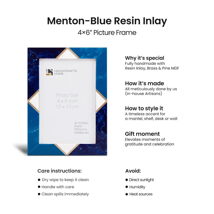 Handmade Picture Frame Menton Pattern Brass & Resin Inlay Blue – 3 Sizes, for tabletop or wall display